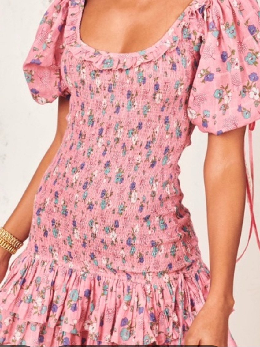 Love Shack Fancy Pink Floral Smocked Puff Sleeve Dress